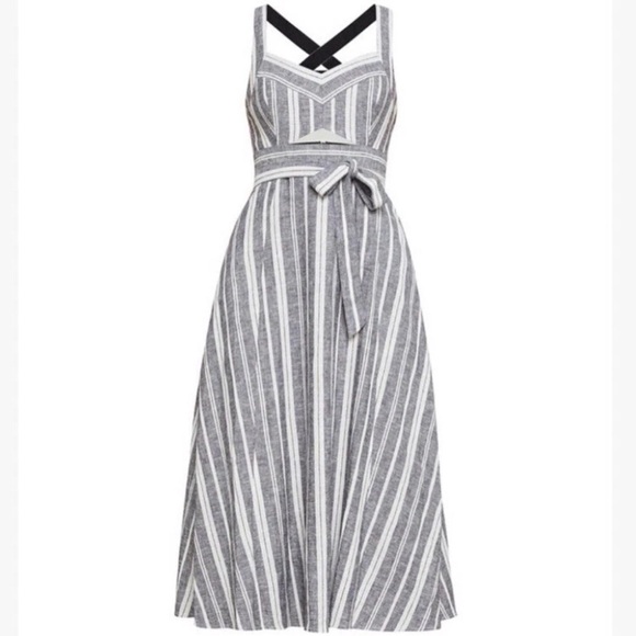 BCBGMaxazria Size 10 Black and White Striped Sleeveless Cutout Linen Midi Dress - Picture 2 of 11